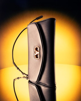 A still life photograph a black leather handbag, photographed by Thomas Albdorf for the brand 